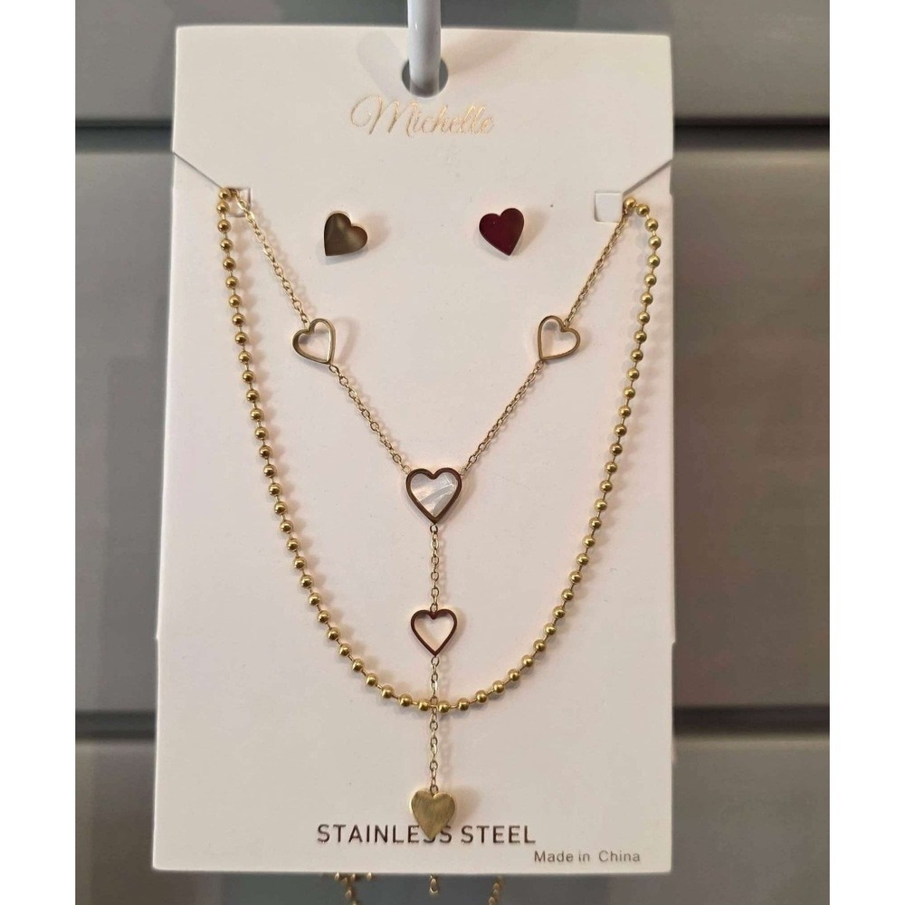 Michelle Stainless Steel Gold Tone Heart Layered Necklace and Stud Earring Set